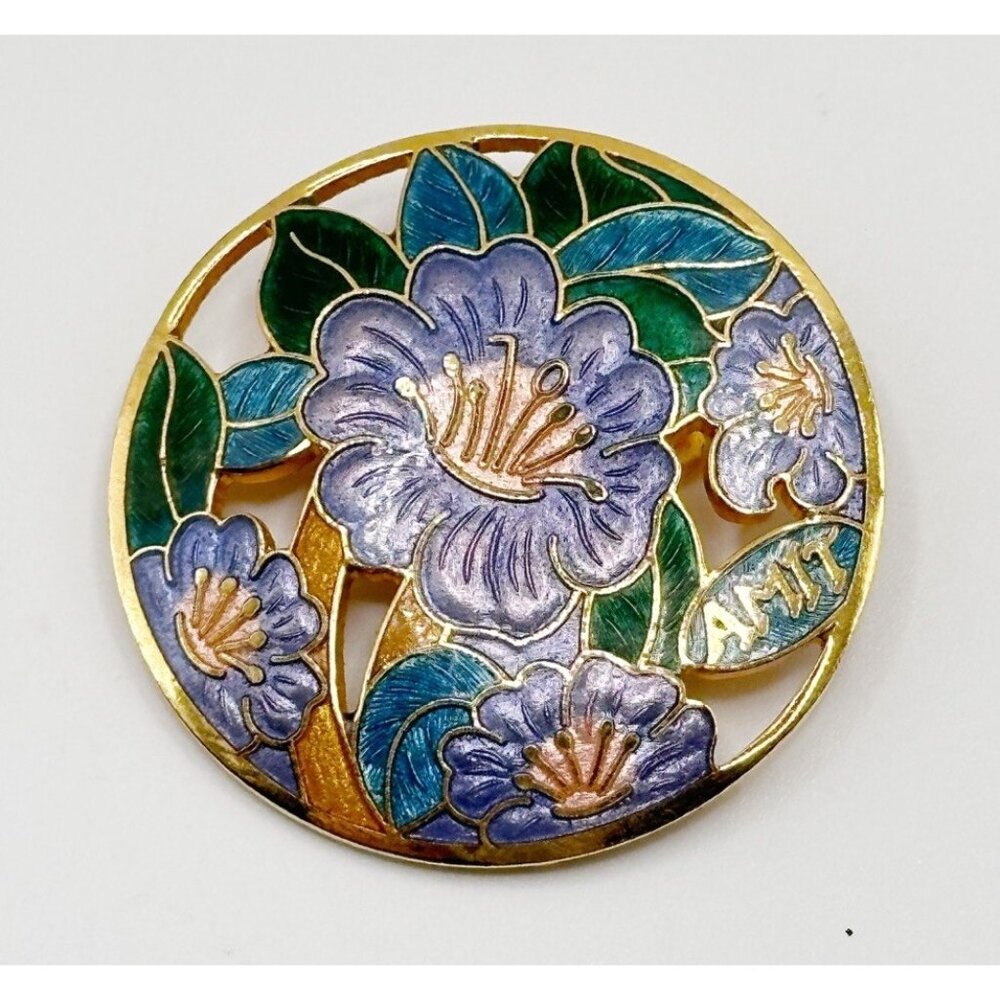 Amit Purple Blue Hibiscus Flower Cloisonne Enamel Gold Tone Brooch Pin Pendant